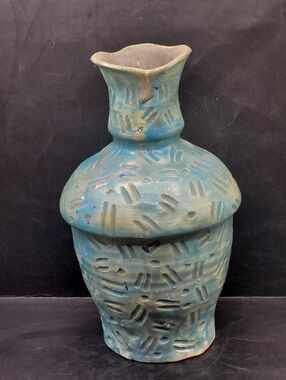 Vintage Studio Pottery Vase Turquoise Carved Signed D Bennett 8.25”